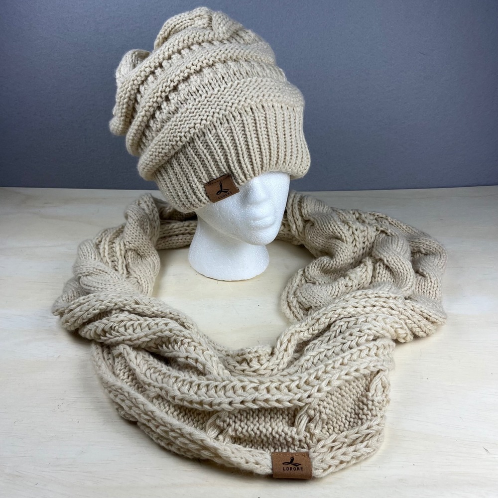 LOROME Cream Cable Knit Beanie and Infinity Scarf Set Faux Fur Lined Beige